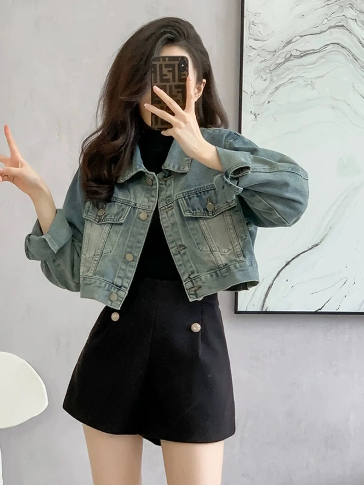 Korean style loose washed denim short jacket for women 2024 spring small retro fashion temperament retro top for women