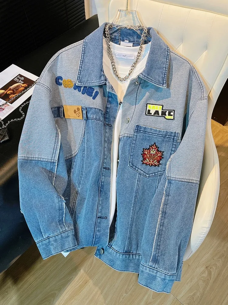 Light blue niche design contrasting spring and autumn denim jacket 2024 new style splicing boyfriend style petite jacket