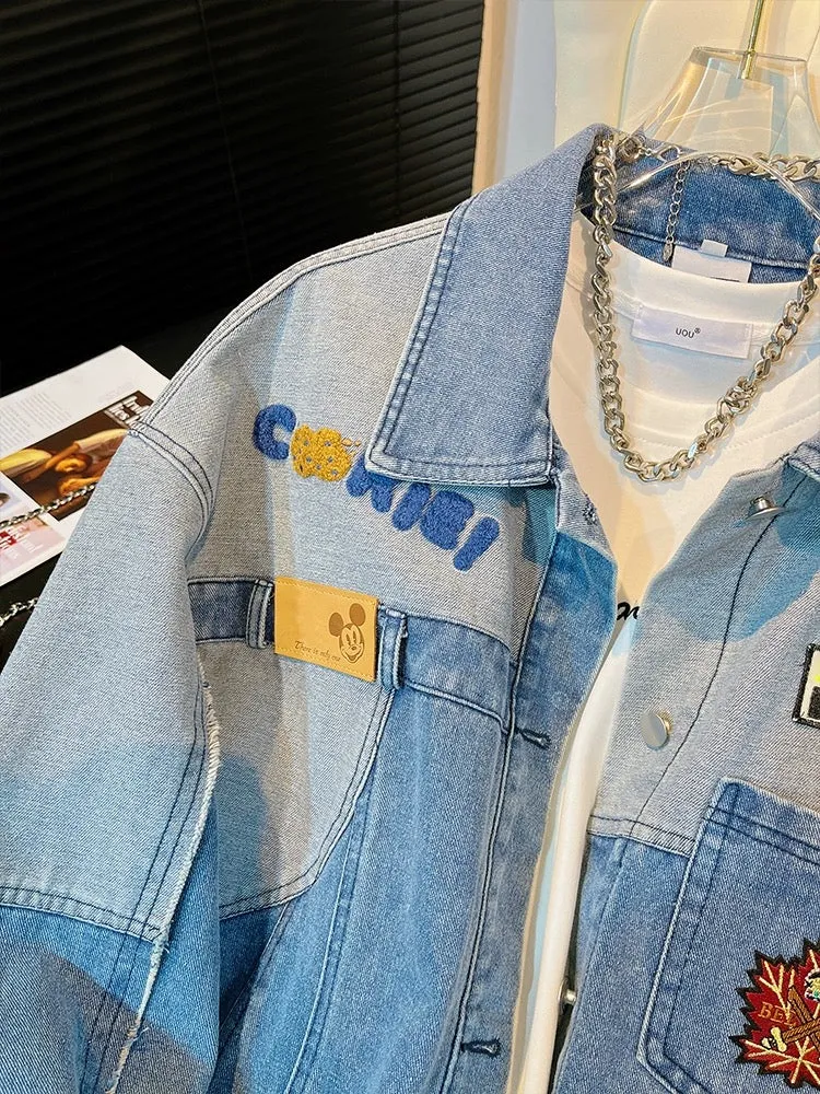 Light blue niche design contrasting spring and autumn denim jacket 2024 new style splicing boyfriend style petite jacket