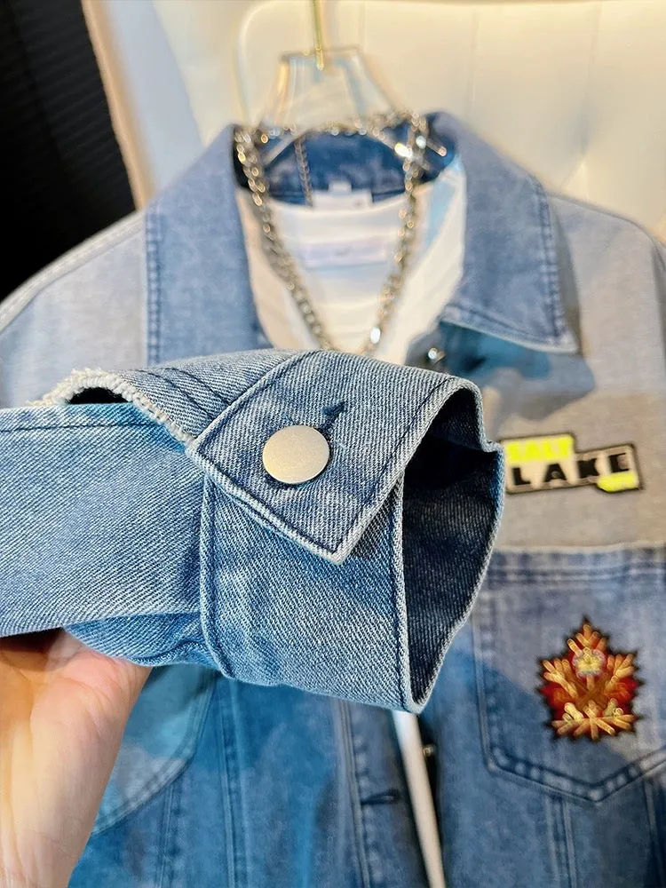 Light blue niche design contrasting spring and autumn denim jacket 2024 new style splicing boyfriend style petite jacket