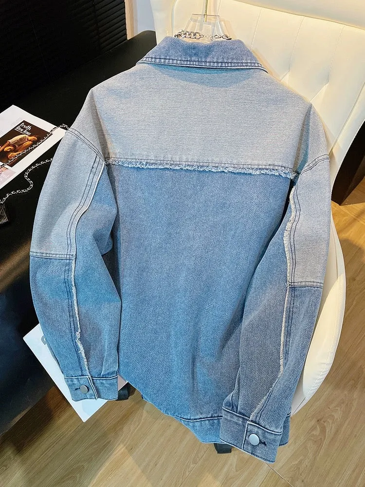 Light blue niche design contrasting spring and autumn denim jacket 2024 new style splicing boyfriend style petite jacket