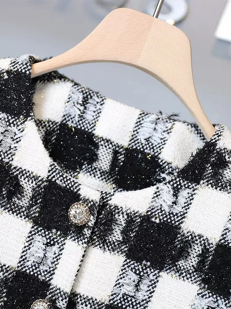 Miss DG Temperament Socialite Xiaoxiangfeng Fashion Suit Women's 2024 Spring Black and White Plaid Short Jacket Midi-Length Skir