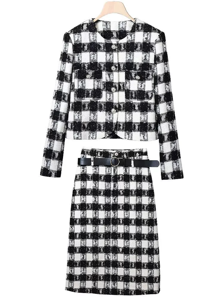 Miss DG Temperament Socialite Xiaoxiangfeng Fashion Suit Women's 2024 Spring Black and White Plaid Short Jacket Midi-Length Skir