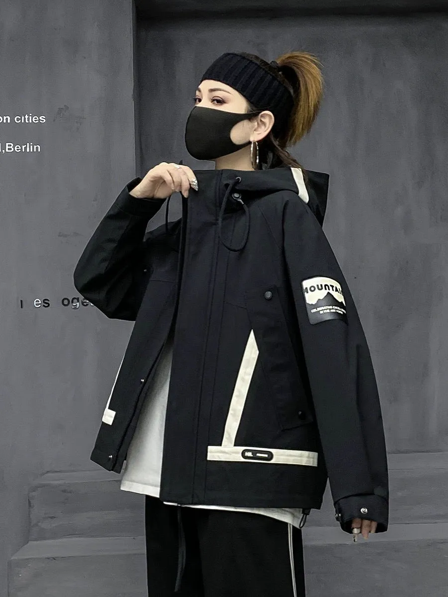 M's trendy brand fashion hooded workwear jacket for women spring new mountaineering suit loose black windproof jacket