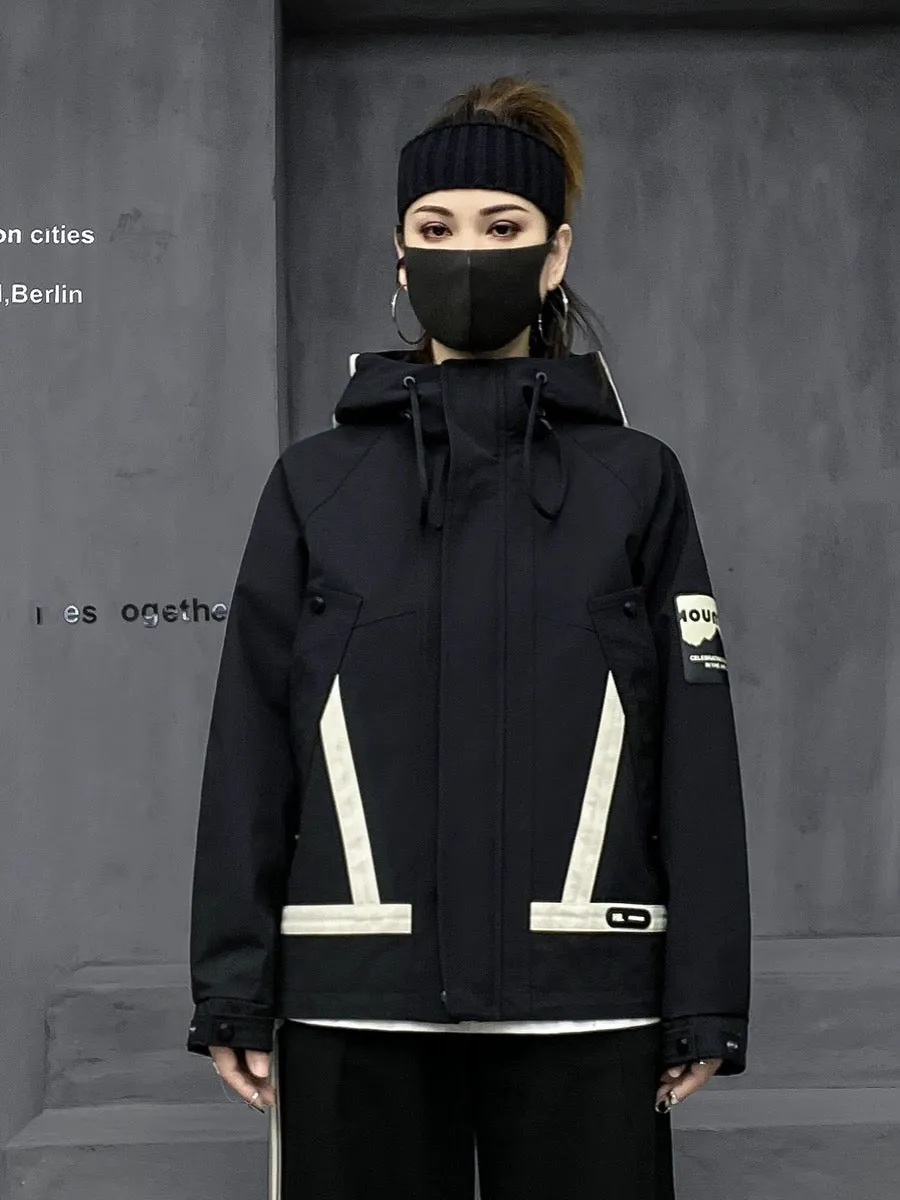 M's trendy brand fashion hooded workwear jacket for women spring new mountaineering suit loose black windproof jacket