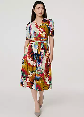 Multi Orange Floral Short Sleeve Midi Faux Wrap Dress by Izabel London | Look Again