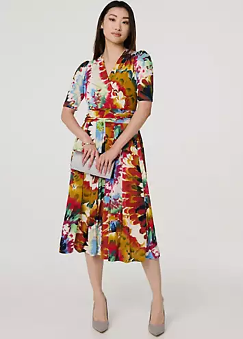 Multi Orange Floral Short Sleeve Midi Faux Wrap Dress by Izabel London | Look Again