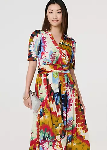 Multi Orange Floral Short Sleeve Midi Faux Wrap Dress by Izabel London | Look Again