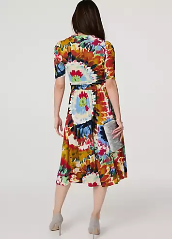 Multi Orange Floral Short Sleeve Midi Faux Wrap Dress by Izabel London | Look Again