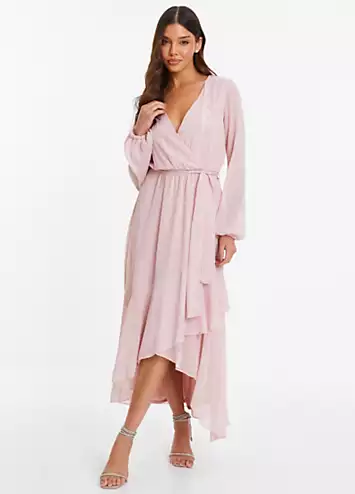 Pink Metallic Chiffon Long Sleeve Wrap Midaxi Dress with Frills by Quiz | Look Again