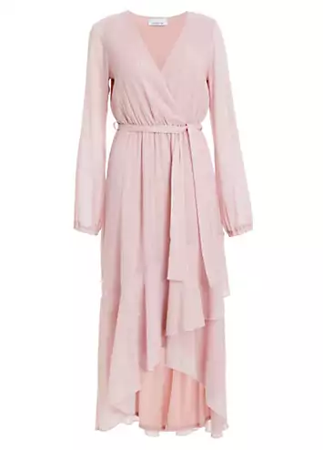 Pink Metallic Chiffon Long Sleeve Wrap Midaxi Dress with Frills by Quiz | Look Again