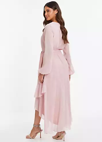 Pink Metallic Chiffon Long Sleeve Wrap Midaxi Dress with Frills by Quiz | Look Again