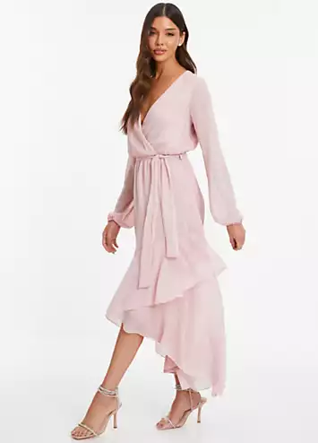 Pink Metallic Chiffon Long Sleeve Wrap Midaxi Dress with Frills by Quiz | Look Again