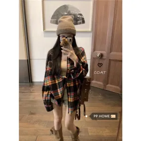 PPHOME sweet cool black clever ~ Japanese retro oversize loose plaid long-sleeved shirt women's mid-length jacket