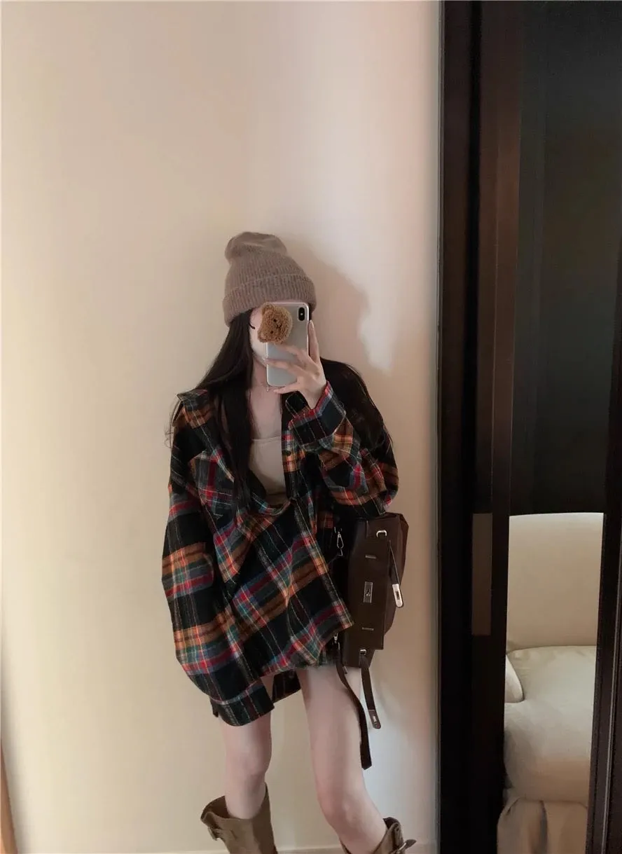 PPHOME sweet cool black clever ~ Japanese retro oversize loose plaid long-sleeved shirt women's mid-length jacket