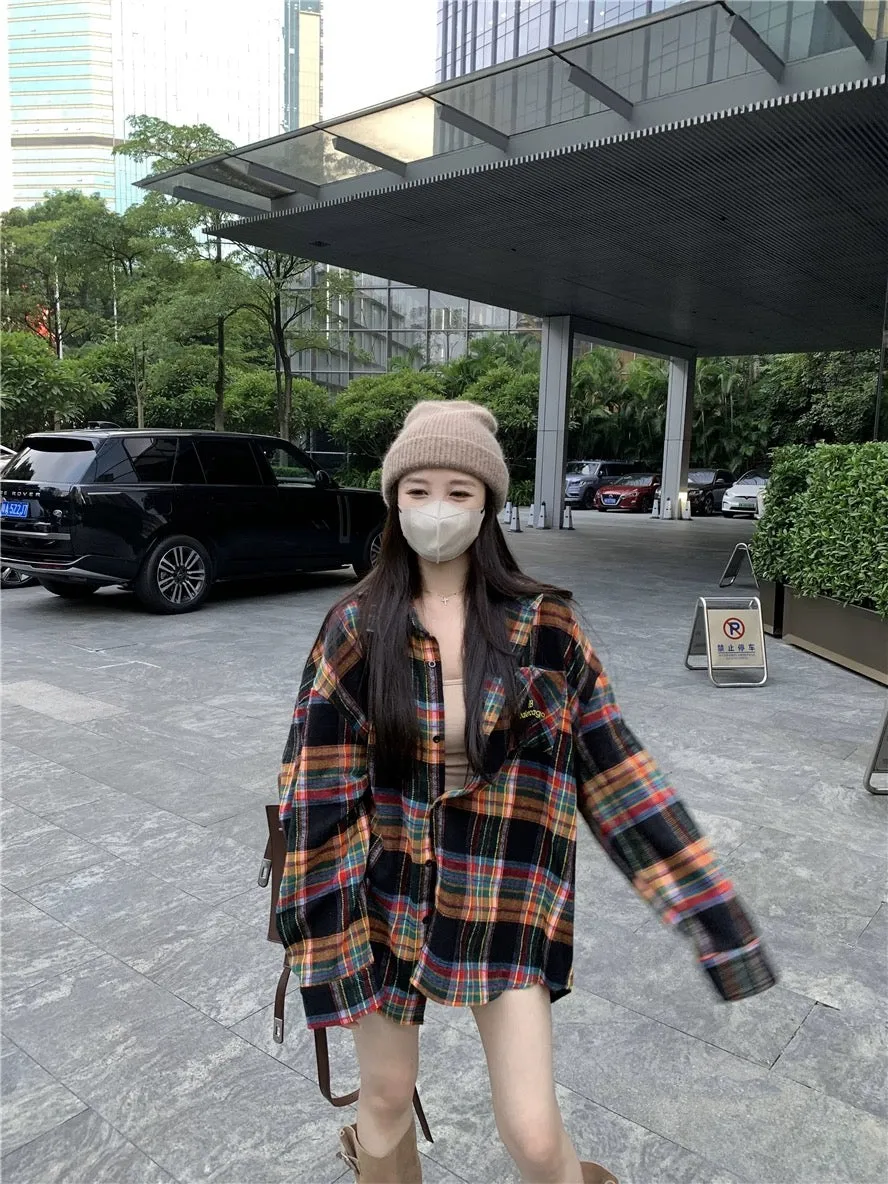 PPHOME sweet cool black clever ~ Japanese retro oversize loose plaid long-sleeved shirt women's mid-length jacket