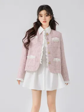 QDQD pink small fragrant jacket for women, ladylike style spring design, fungus stitching, sweet short jacket