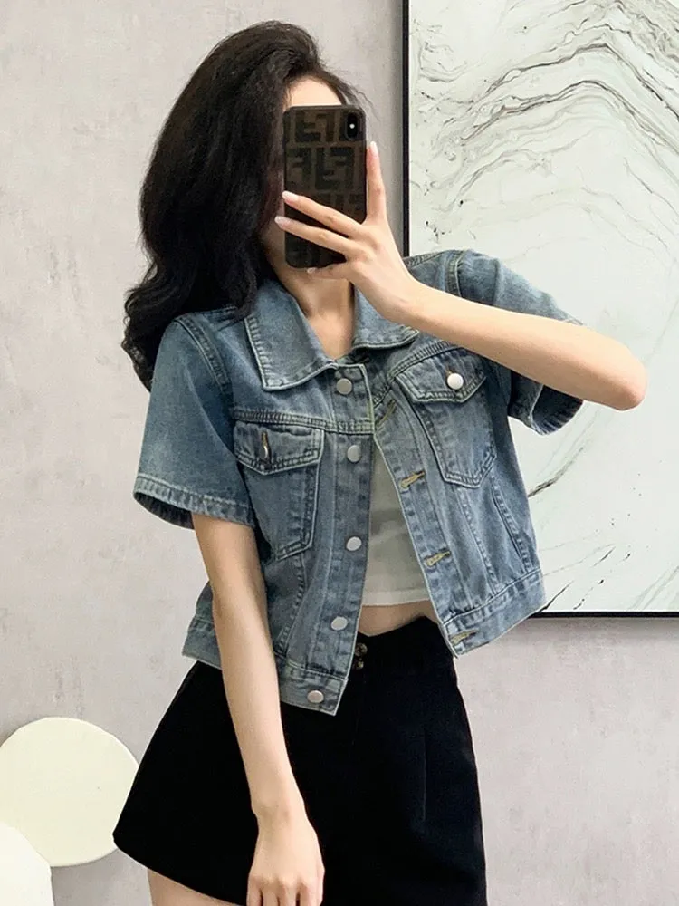 Retro petite denim shirt jacket women's short-sleeved summer loose design casual versatile short top