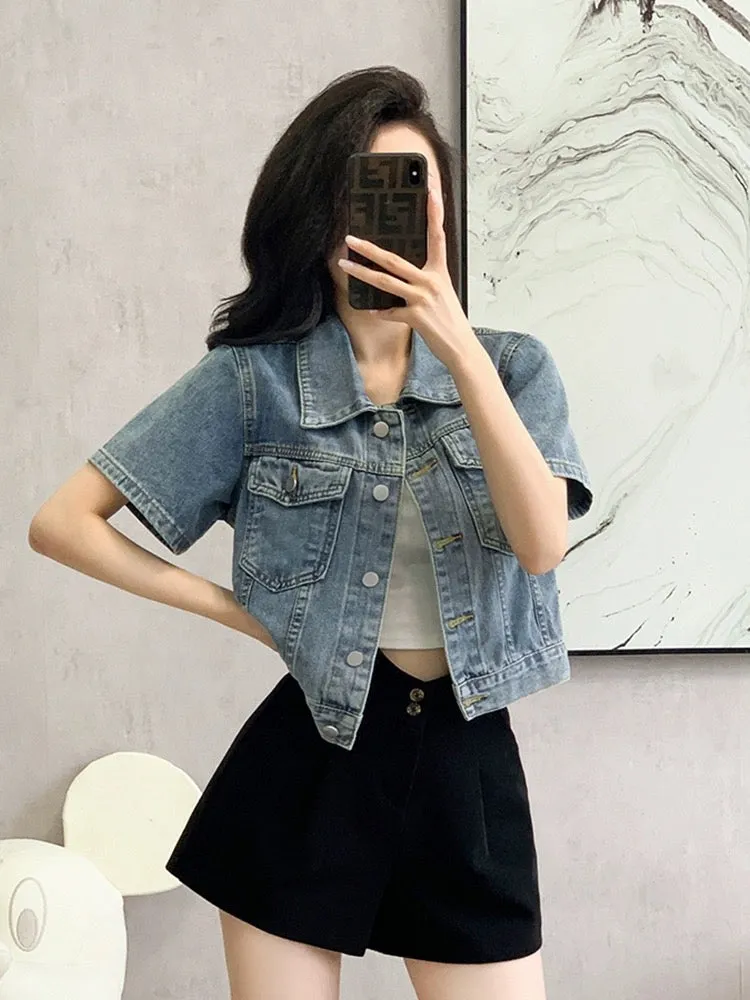 Retro petite denim shirt jacket women's short-sleeved summer loose design casual versatile short top