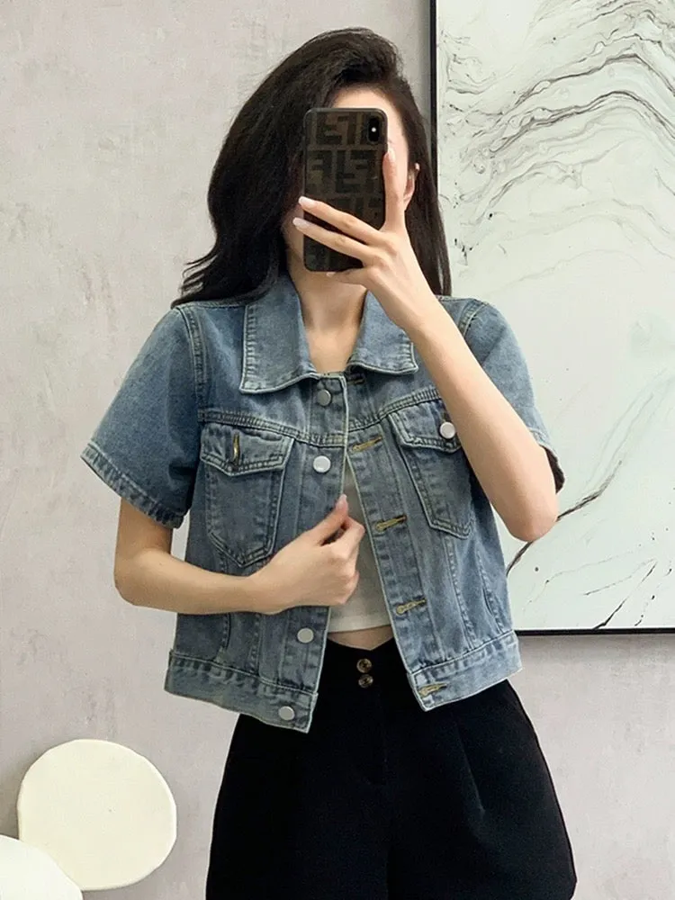 Retro petite denim shirt jacket women's short-sleeved summer loose design casual versatile short top