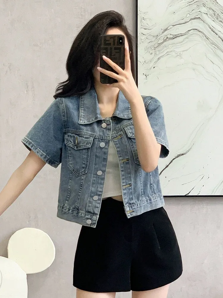 Retro petite denim shirt jacket women's short-sleeved summer loose design casual versatile short top