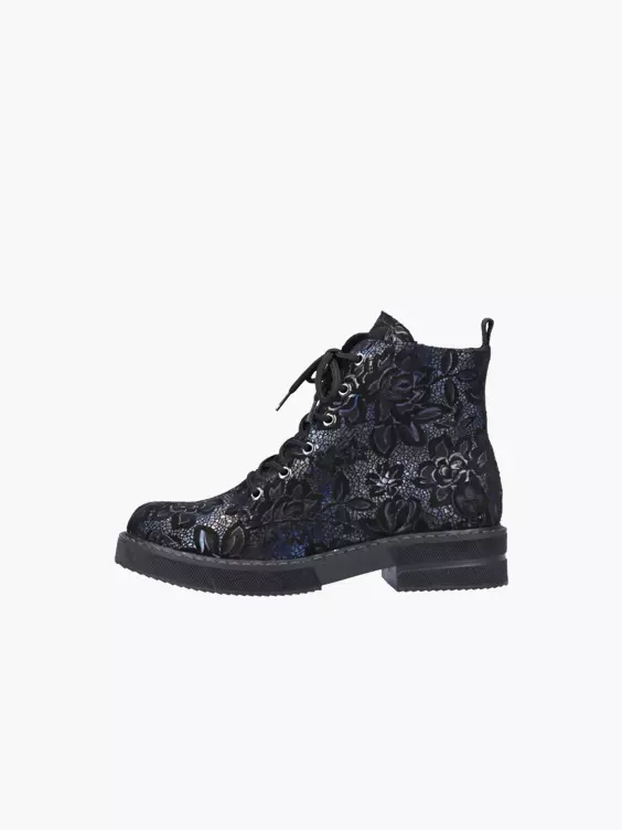 Rieker  Rieker Black and Navy Embroidered Lace Up Ankle Boot