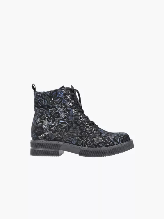 Rieker  Rieker Black and Navy Embroidered Lace Up Ankle Boot