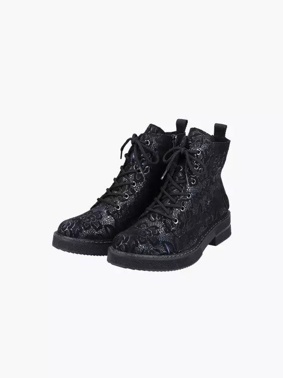 Rieker  Rieker Black and Navy Embroidered Lace Up Ankle Boot