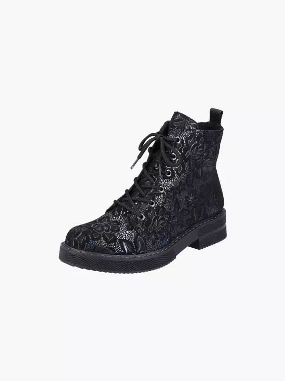 Rieker  Rieker Black and Navy Embroidered Lace Up Ankle Boot