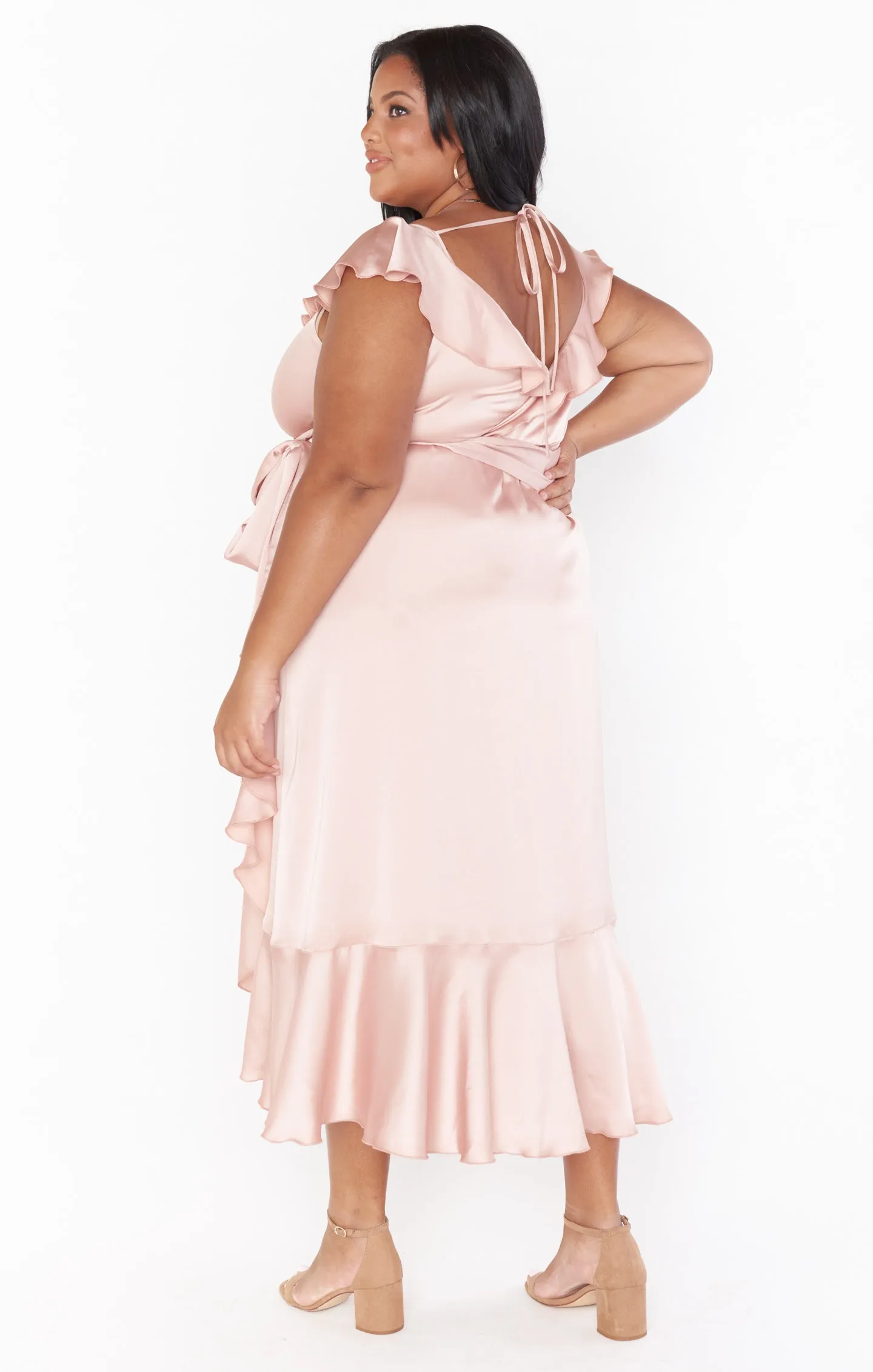 Samantha Ruffle Wrap Dress ~ Rose Gold Luxe Satin