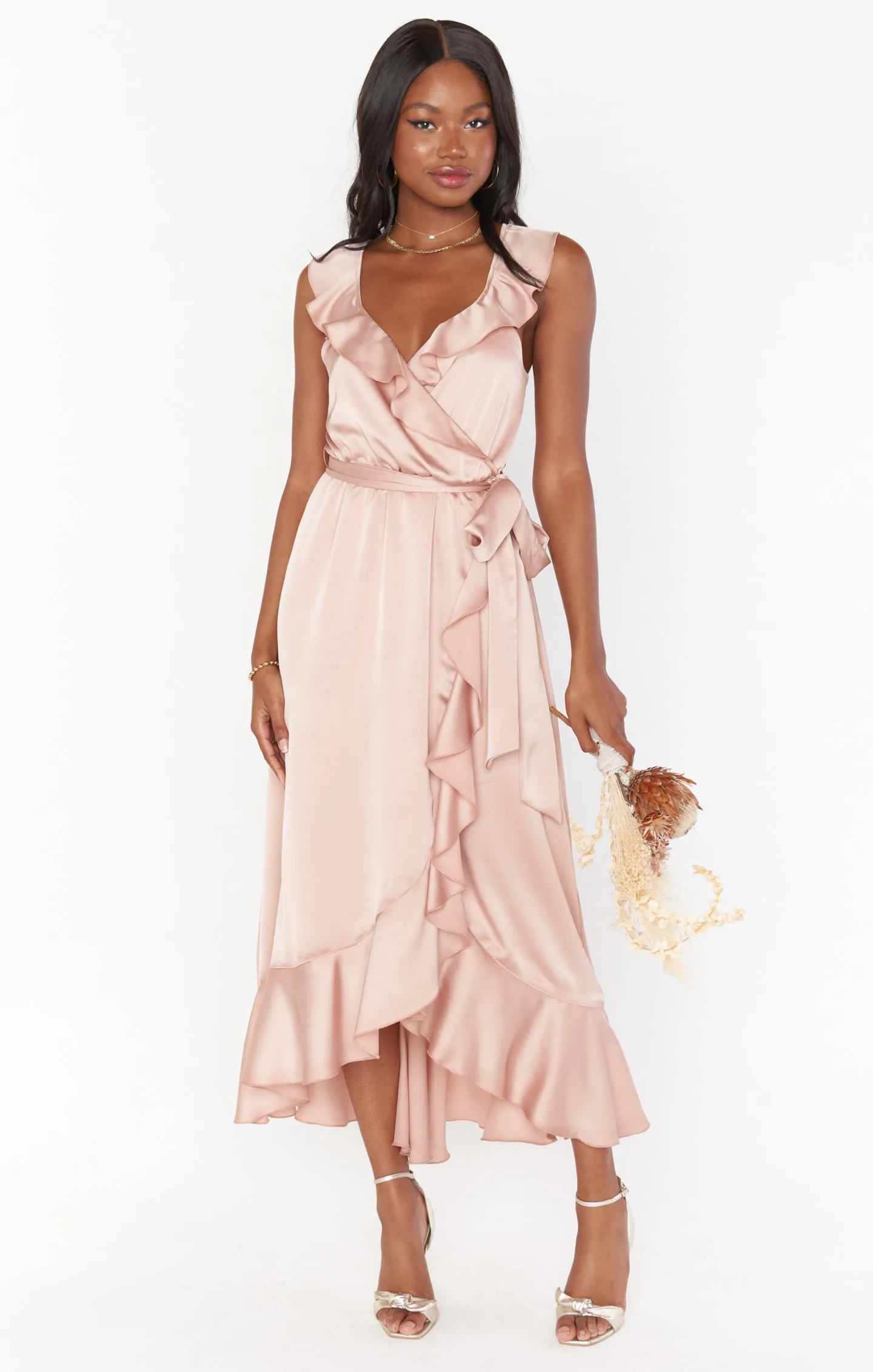 Samantha Ruffle Wrap Dress ~ Rose Gold Luxe Satin