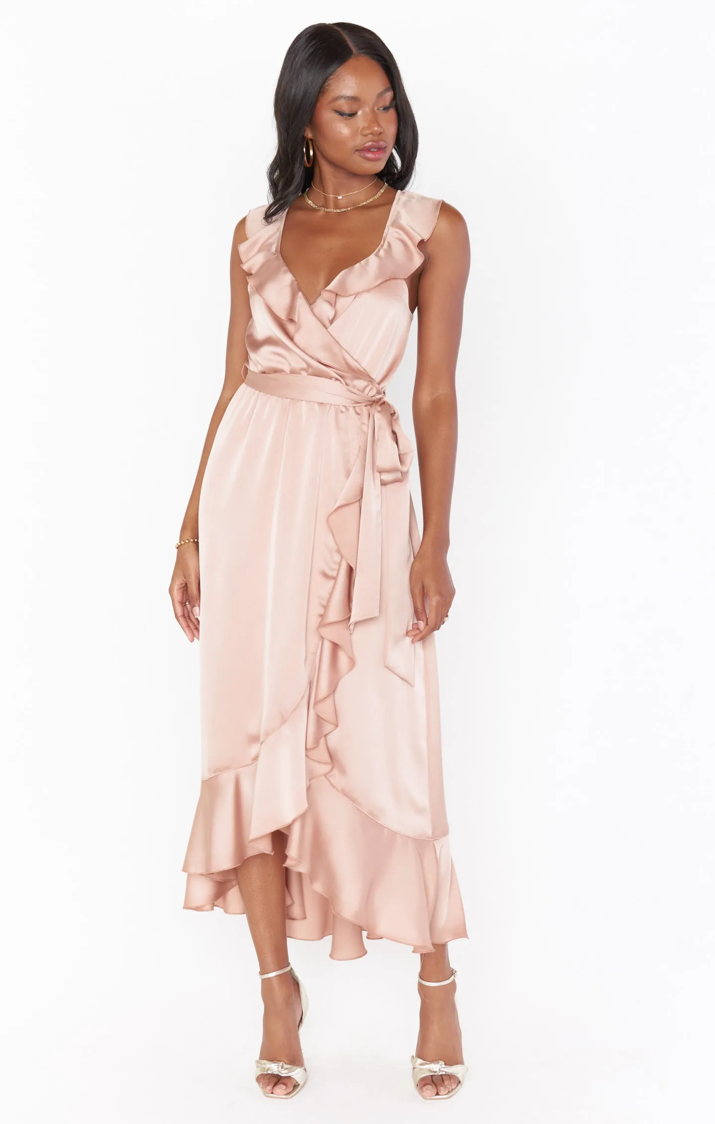 Samantha Ruffle Wrap Dress ~ Rose Gold Luxe Satin