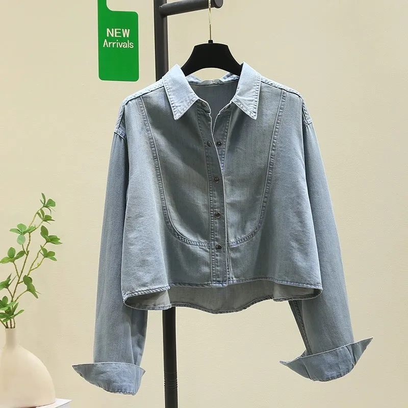 Simple and versatile retro blue denim shirt short jacket for women 2024 spring and autumn new Korean loose shirt tops