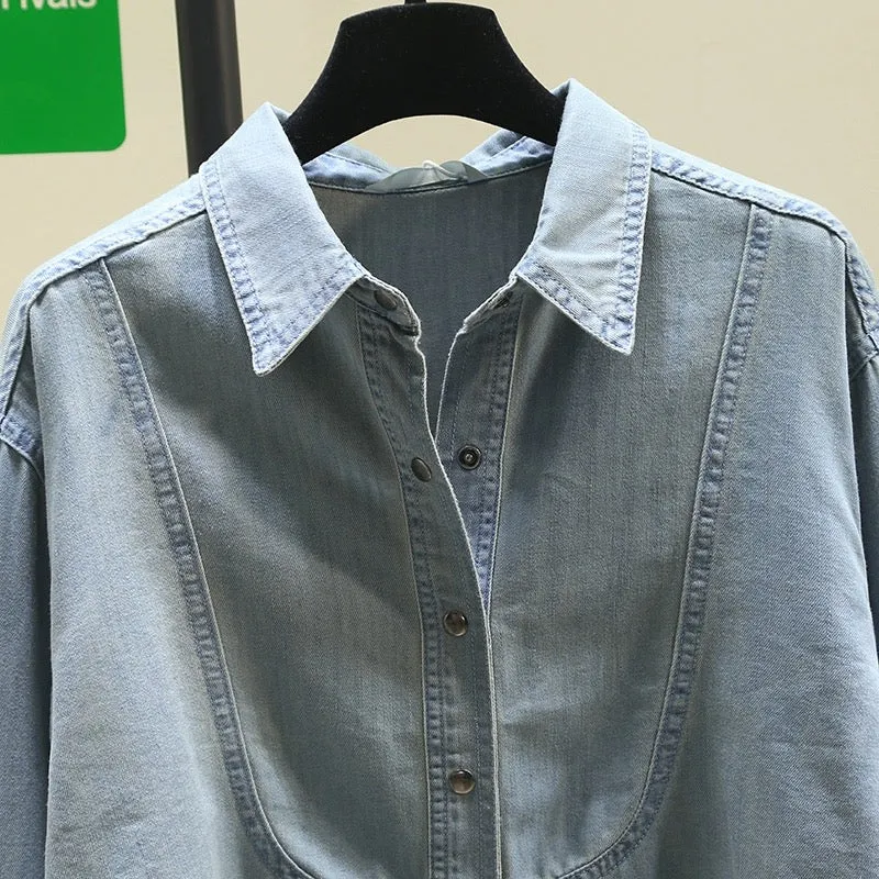 Simple and versatile retro blue denim shirt short jacket for women 2024 spring and autumn new Korean loose shirt tops