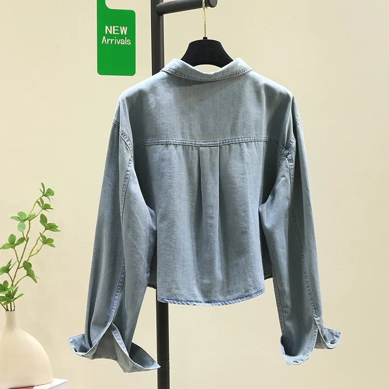 Simple and versatile retro blue denim shirt short jacket for women 2024 spring and autumn new Korean loose shirt tops