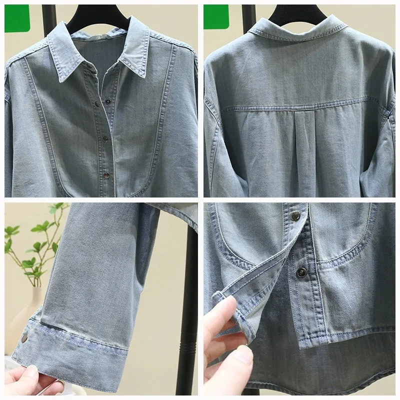 Simple and versatile retro blue denim shirt short jacket for women 2024 spring and autumn new Korean loose shirt tops