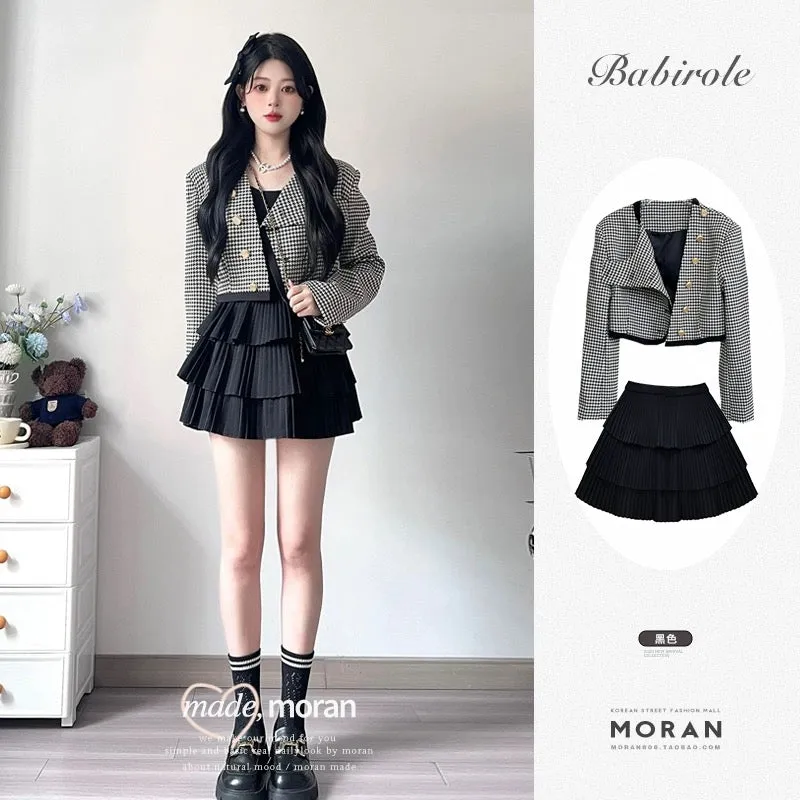 Small fragrant style suit, high-end and cold style two-piece skirt, houndstooth plaid short jacket, female celebrity early sprin