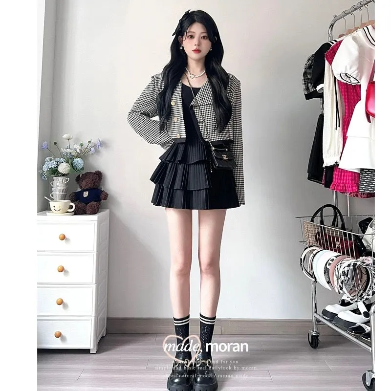 Small fragrant style suit, high-end and cold style two-piece skirt, houndstooth plaid short jacket, female celebrity early sprin