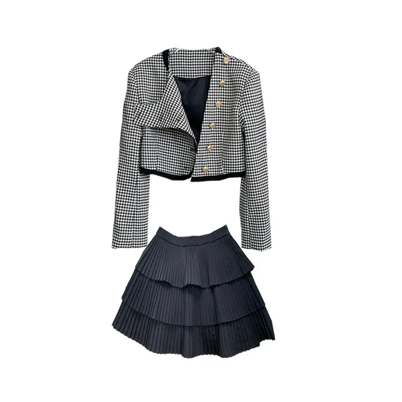 Small fragrant style suit, high-end and cold style two-piece skirt, houndstooth plaid short jacket, female celebrity early sprin