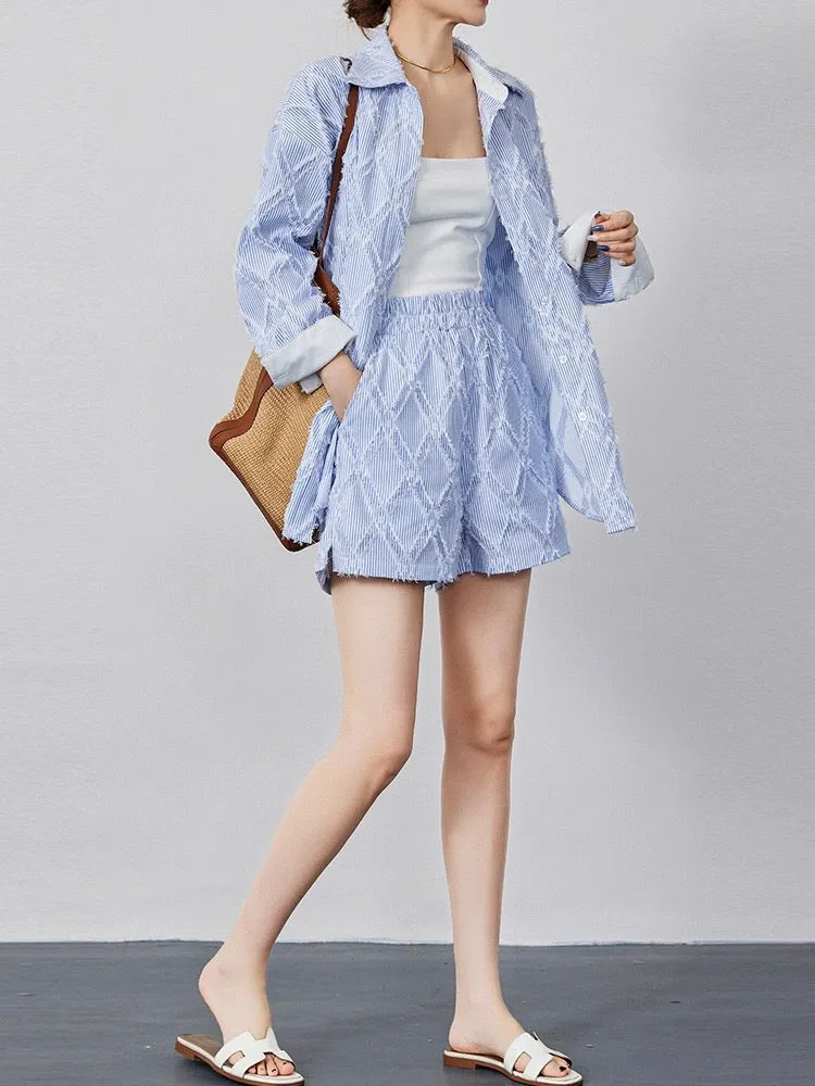 Summer new design French style casual tassel blue shirt jacket women's high waist shorts two-piece suit