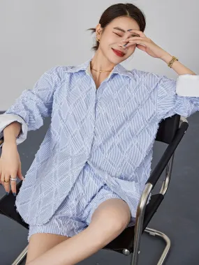 Summer new design French style casual tassel blue shirt jacket women's high waist shorts two-piece suit