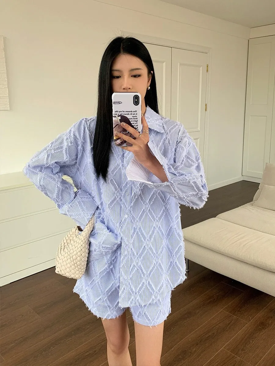 Summer new design French style casual tassel blue shirt jacket women's high waist shorts two-piece suit