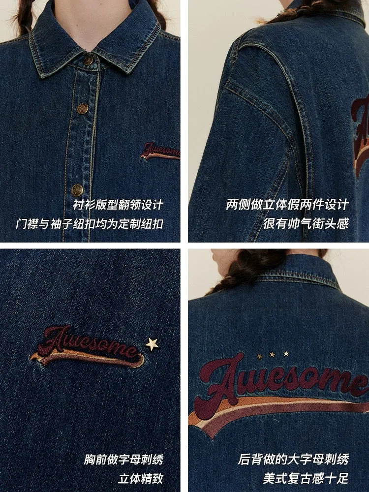 TAKEANAP Nap Retro Loose Denim Jacket Women 2024 New American Embroidered Long Sleeve Shirt Top