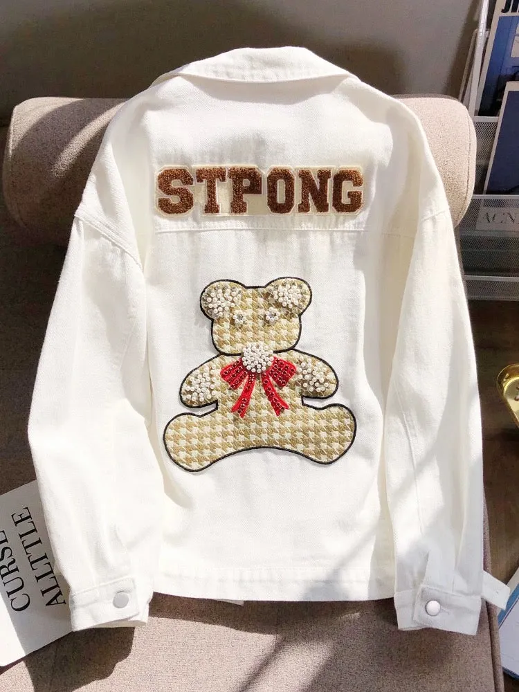 Trendy brand ins heavy industry beaded bear denim jacket 2024 spring new loose and versatile slim outer top