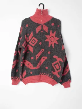 Unisex vintage knitted ski jumper with quarter zip and bold abstract pattern – M / L