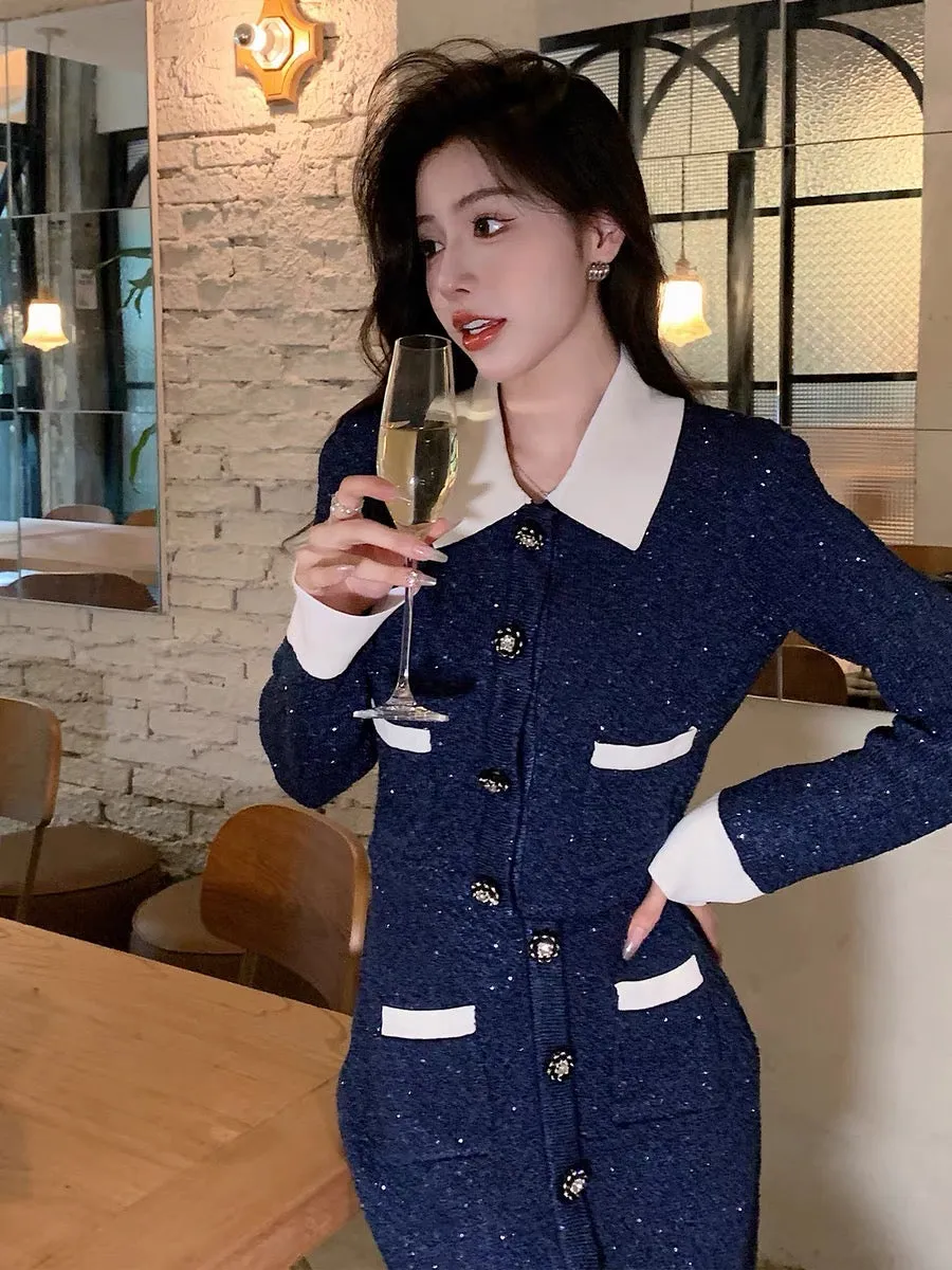 Very heavy duty ~ French style small fragrance contrasting sequined knitted jacket skirt suit women's new autumn and winter 2023