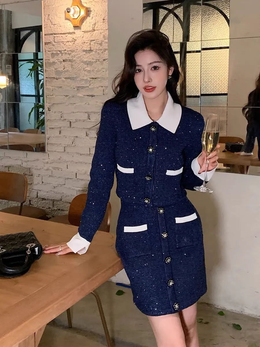 Very heavy duty ~ French style small fragrance contrasting sequined knitted jacket skirt suit women's new autumn and winter 2023