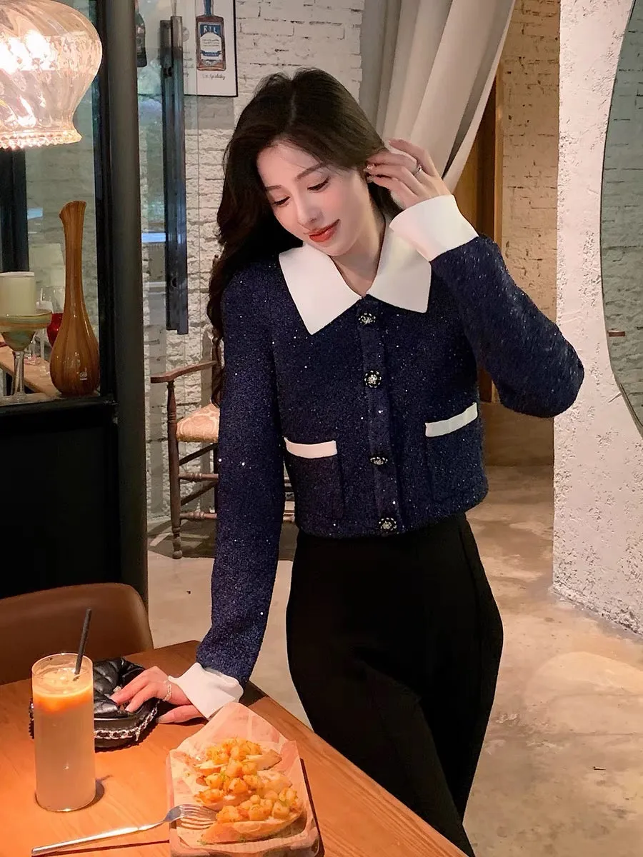 Very heavy duty ~ French style small fragrance contrasting sequined knitted jacket skirt suit women's new autumn and winter 2023