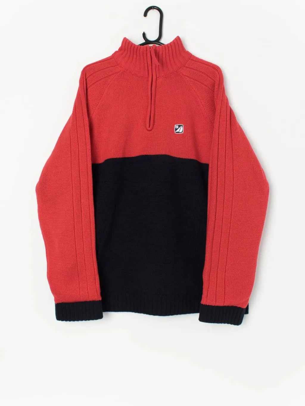 Vintage knitted quarter zip ski jumper in red and black – XL