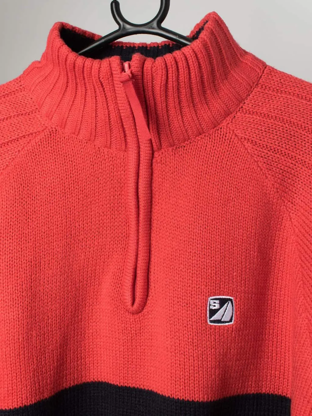 Vintage knitted quarter zip ski jumper in red and black – XL